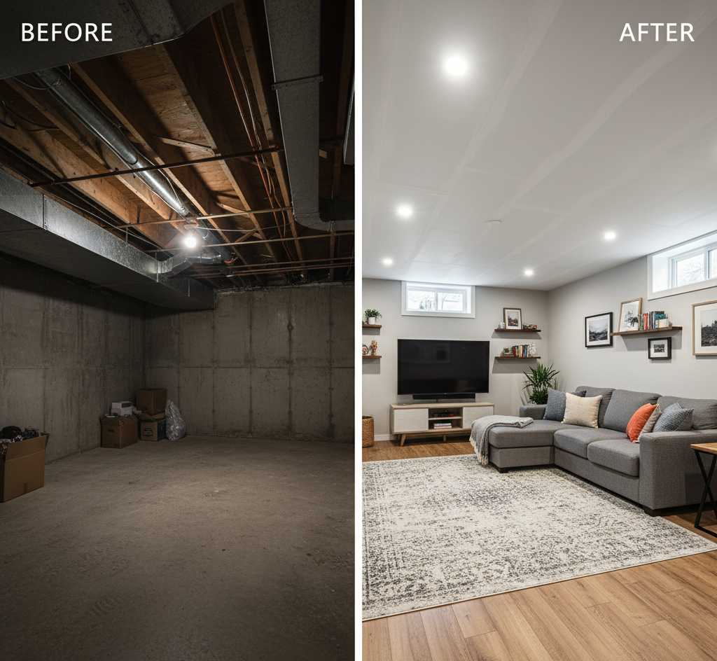 Before and after picture of basement finishing ideas