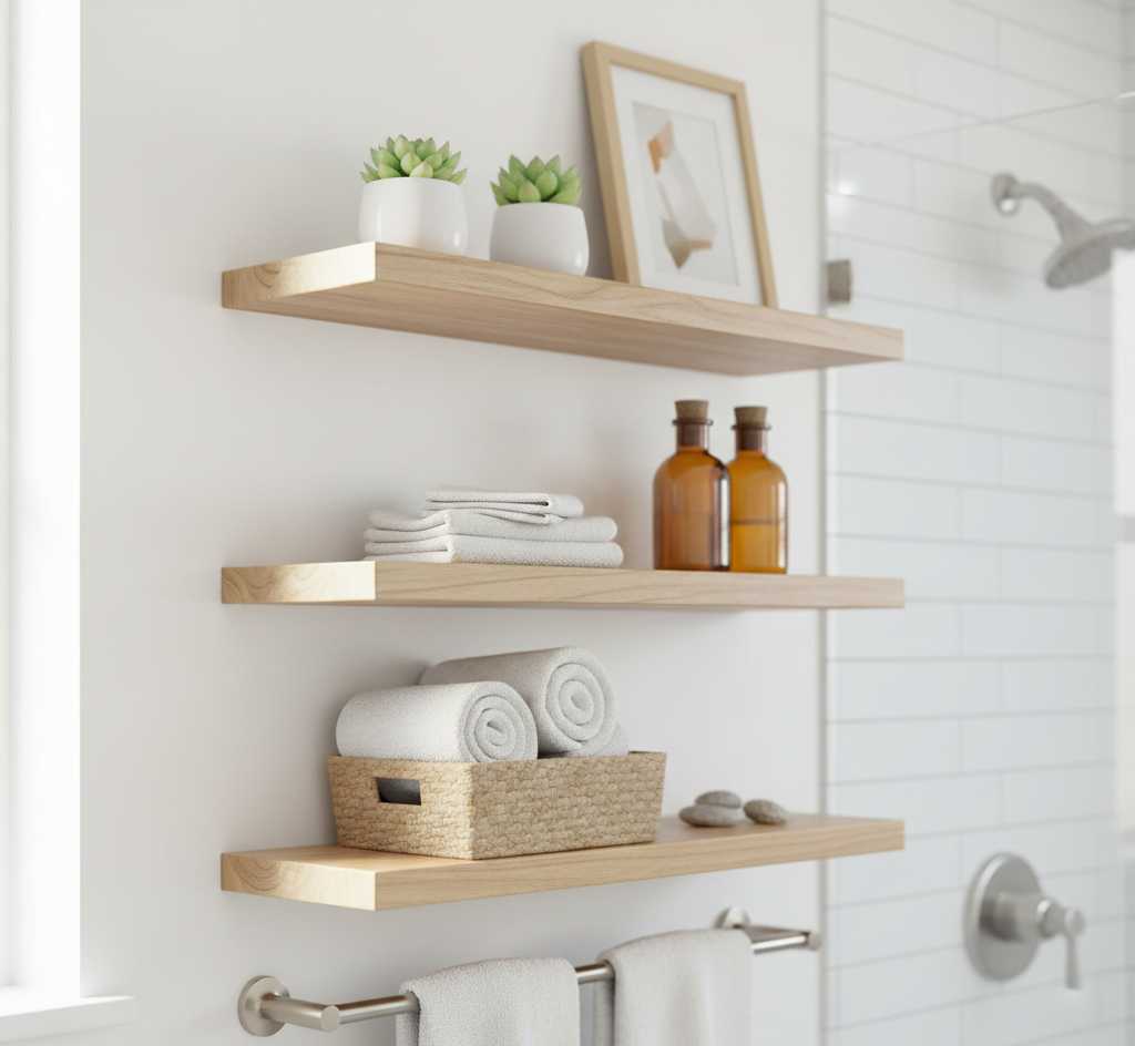 Floating bathroom shelves with decorative storage and rolled towels