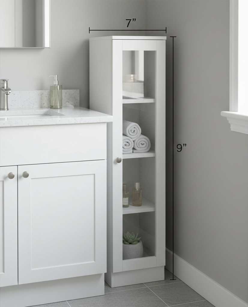 Narrow bathroom cabinet fitting in tight space between vanity and wall