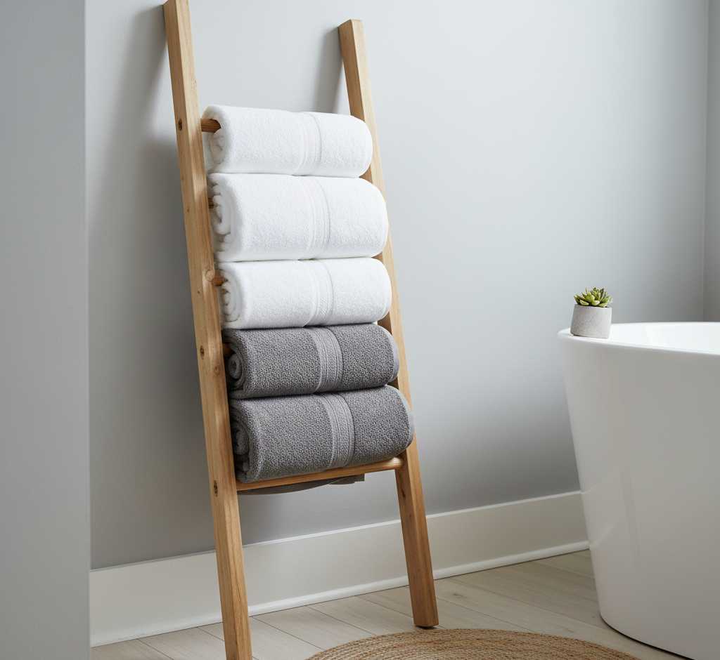 Towel storage ladder for small bathroom spaces with rolled towels