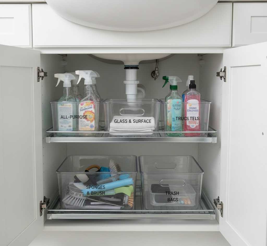 Under sink bathroom storage organization with sliding drawer system