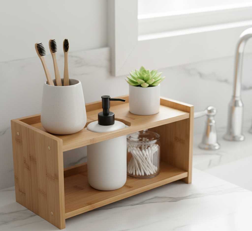 Bathroom counter organizer keeping small vanity clutter-free and organized