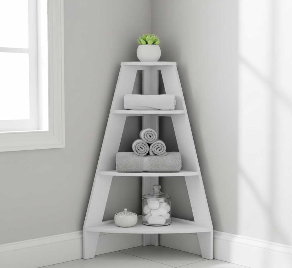 Corner bathroom shelves maximizing unused space in small bathroom