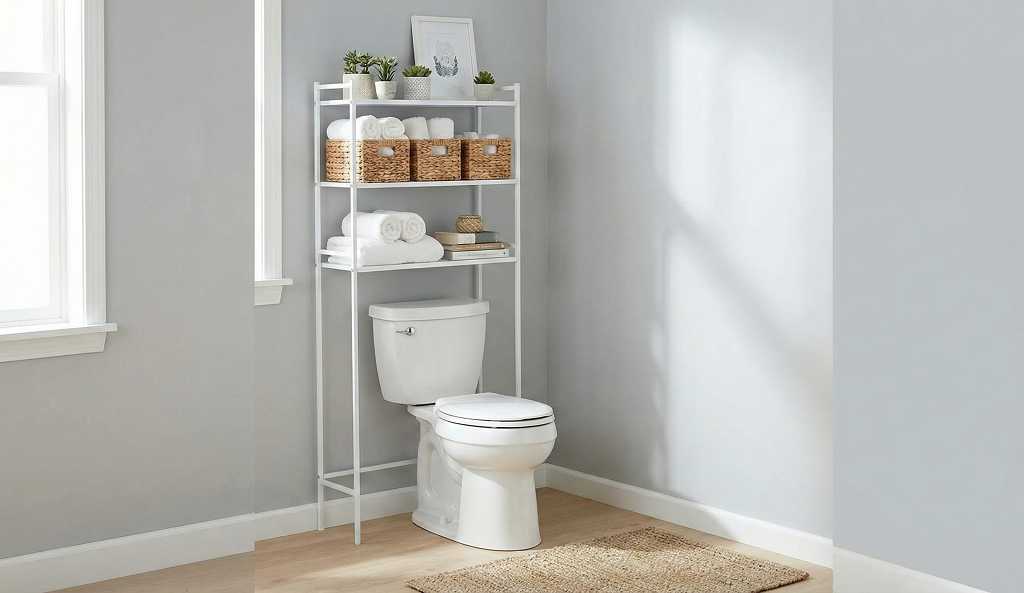 Over the toilet storage unit with organized baskets and towels in tight bathroom space