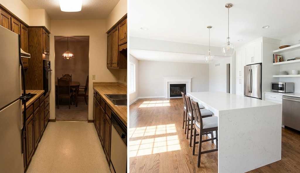 Before and after open concept kitchen remodel showing wall removal between kitchen and living room