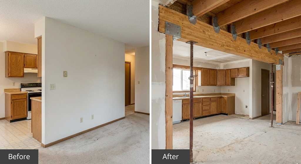 Load bearing wall removal in kitchen remodel with new support beam spanning the opening