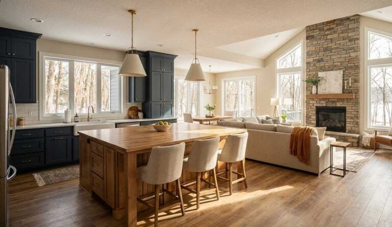 Open concept kitchen and living room in a Lakeville Minnesota home with island seating and natural light