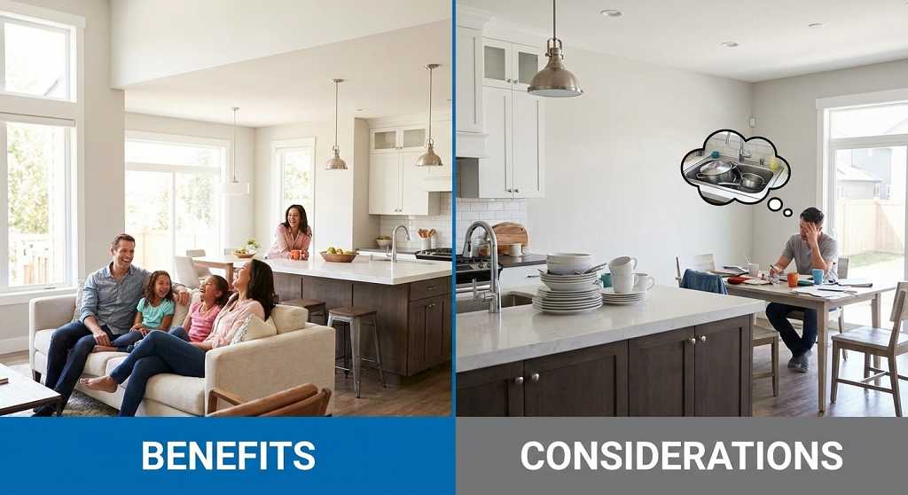 Open concept kitchen showing benefits of family interaction and challenges of visible kitchen mess