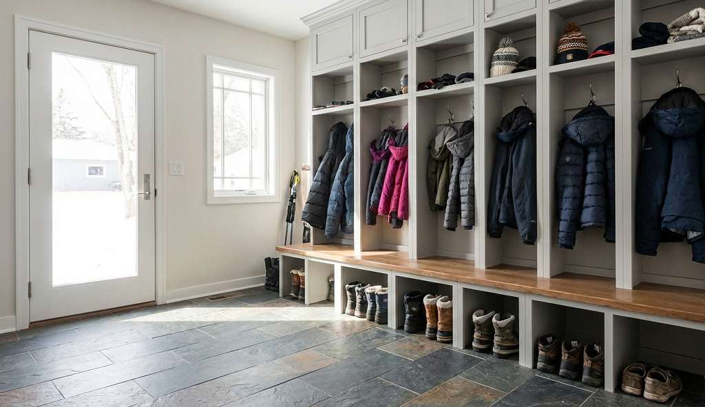 Mudroom addition with built-in storage for winter gear in Minnesota home