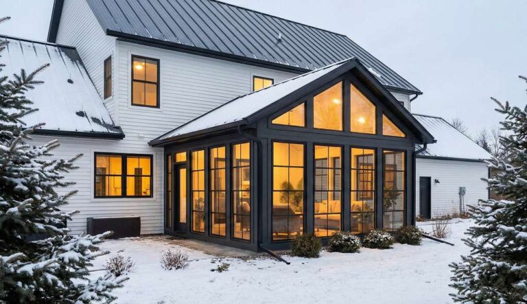 Home addition with large windows on a Minnesota house during winter