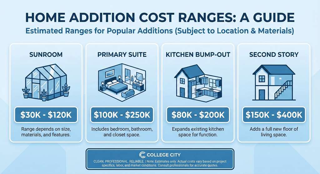 Room addition cost infographic showing price ranges for different addition types