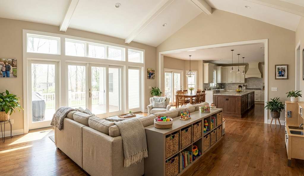 Beautiful Home addition Ideas including Family room addition with large windows connected to main living area