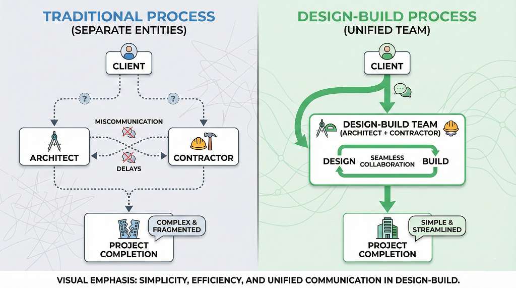 Design-build vs traditional remodeling comparison showing communication flow