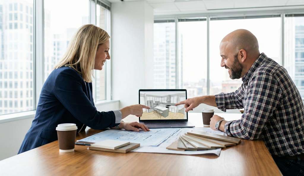 Design-build firm designer and builder collaborating on project plans