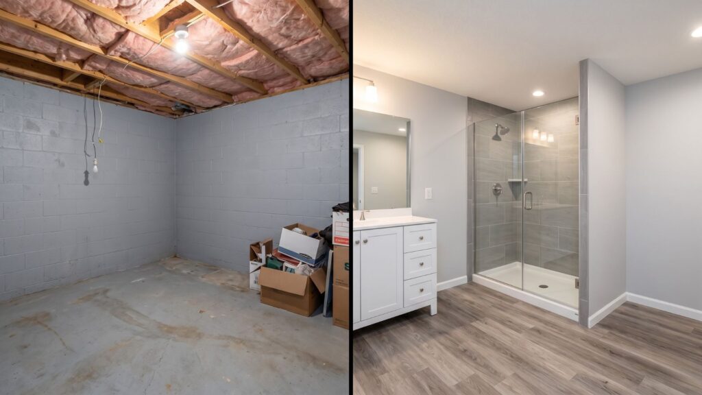 Before after transformation unfinished basement corner modern bathroom - Basement Bathroom Addition: Complete Cost & Planning Guide for Minnesota Homes