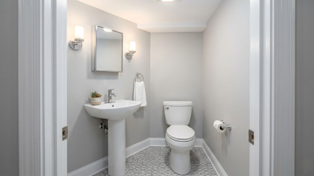 Compact 5x5 basement powder room with pedestal sink and space-efficient layout