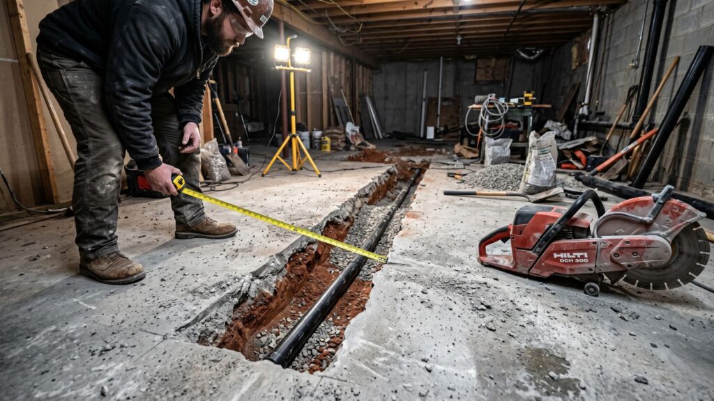 Concrete floor trench cut for basement bathroom drain pipe installation during rough-in phase