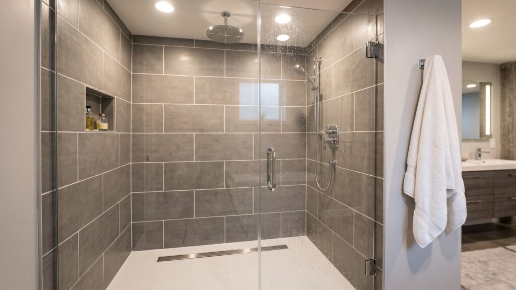 Frameless glass walk-in shower with gray tile and rainfall showerhead in finished basement bathroom