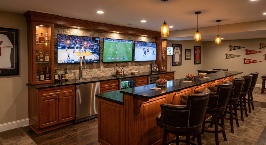 Modern basement bar ideas featuring a sleek home bar with LED lighting, long island seating, and minimalist design for stylish entertaining