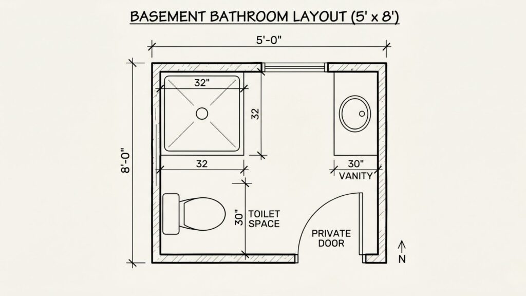 5x8 basement bathroom floor plan showing toilet, shower, and vanity layout with dimensions