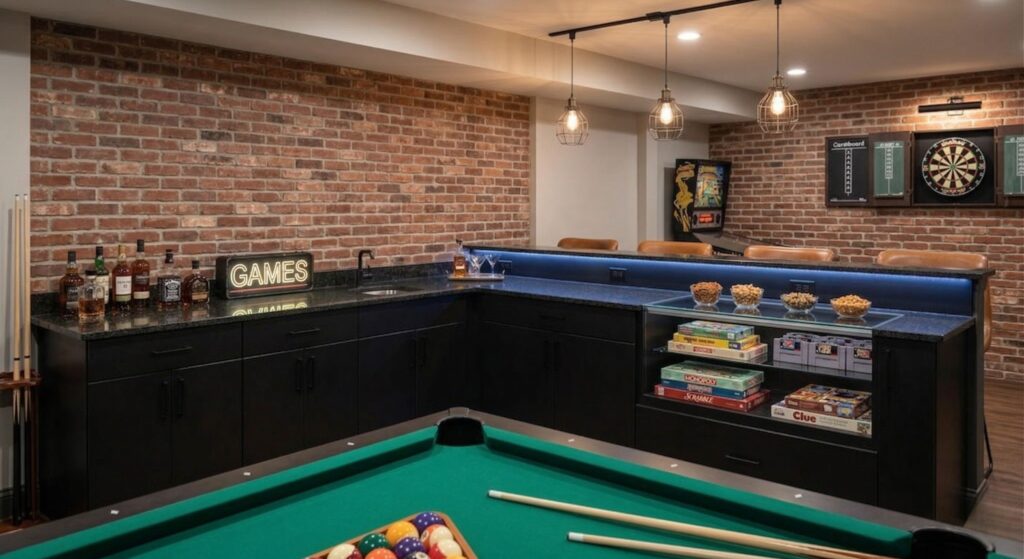 A stylish basement game room bar with dark cabinetry, a pool table in the foreground, board games on display, a dartboard, and exposed brick walls
