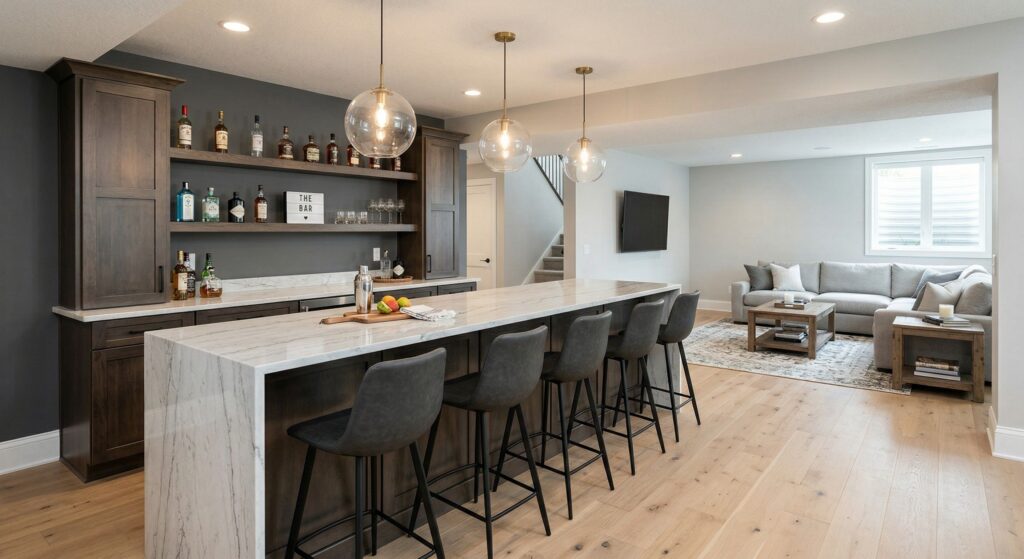 Modern basement peninsula bar with marble waterfall countertop, dark cabinetry, pendant lighting, and seating opening to a cozy lounge area