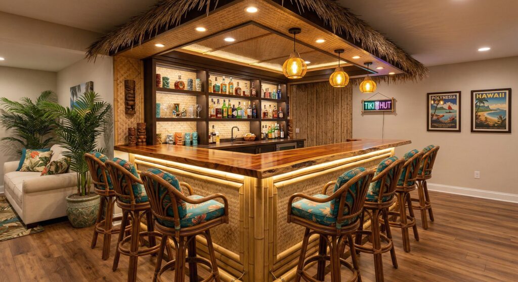 Tropical basement tiki bar with bamboo finishes, thatched roof canopy, rattan bar stools, and colorful island decor