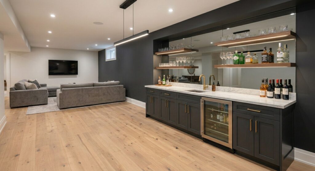 Modern basement wet bar ideas with black cabinets, open wood shelving, marble countertop, and built-in beverage fridge in a stylish home straight bar setup