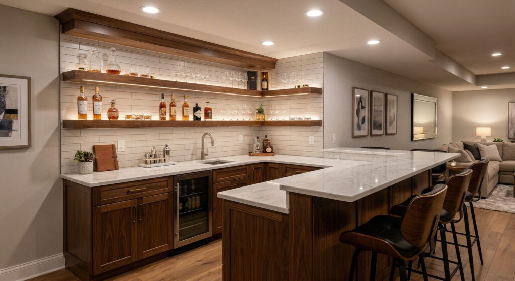 corner bar with wood cabinetry, marble countertops, open wood shelving with glassware and liquor, built-in beverage fridge, and bar seating.