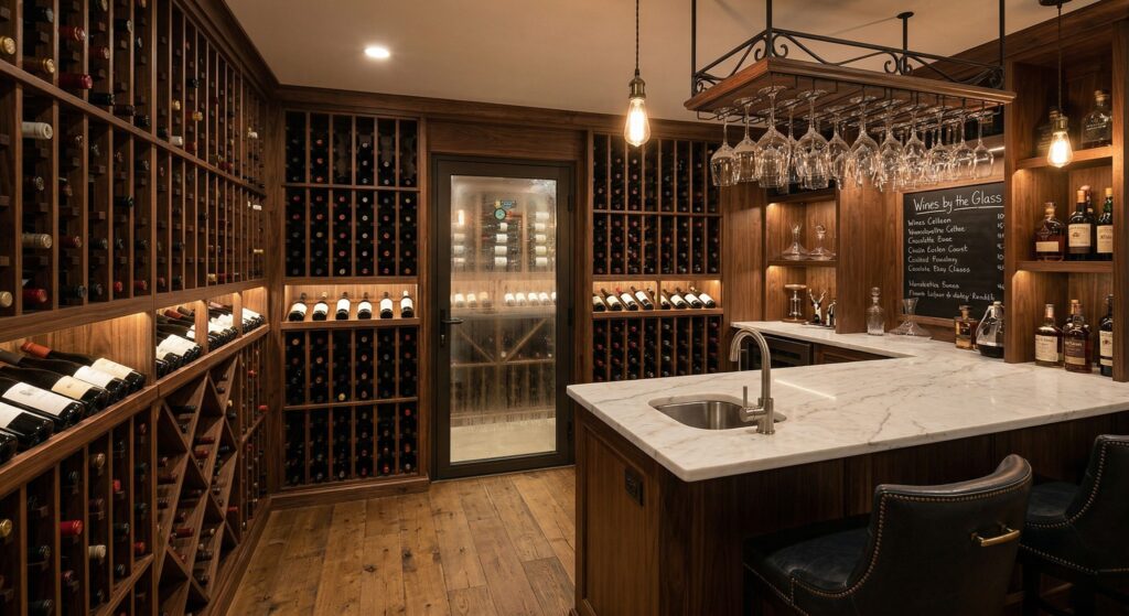 Elegant basement wine bar with custom wood racks, glass storage, marble island sink, and built-in wine cellar door