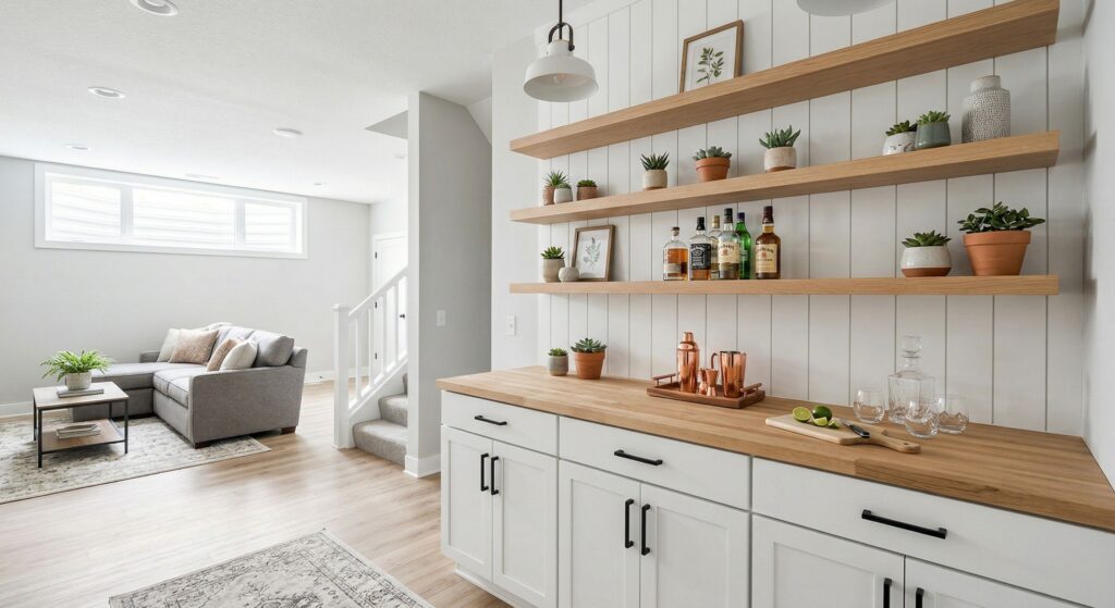 DIY basement bar with wood countertop, open floating shelves, white cabinetry, and simple modern decor in a bright space