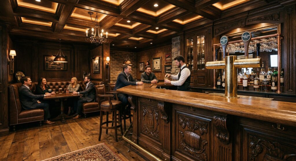 A full basement pub-style bar with rich wood paneling, a carved wooden bar counter, stools, warm pendant lighting, and a cozy lounge seating area in the background.