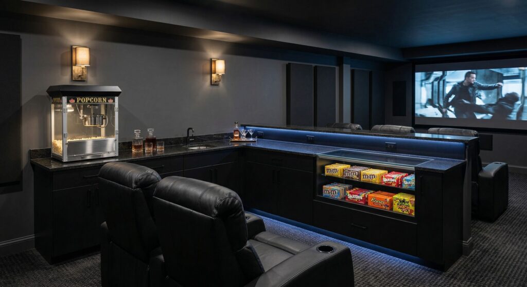 A modern home theater bar with black cabinetry, leather recliner seating, a popcorn machine, illuminated snack display, and a large movie screen in the background