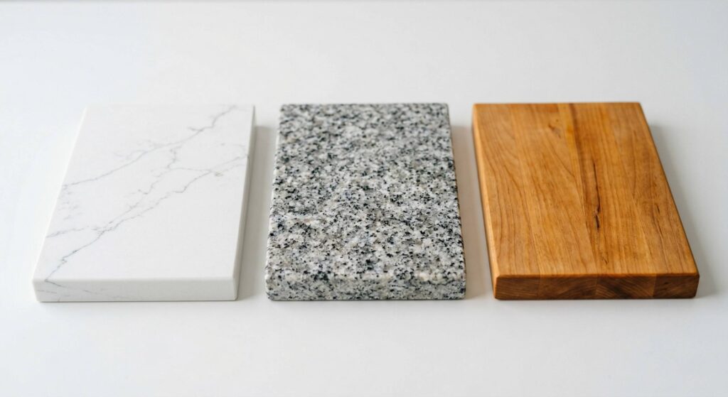 comparison of kitchen countertop materials quartz granite and wood for kitchen remodel cost in Minnesota