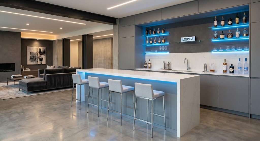 Modern basement bar ideas featuring a minimalist lounge bar with LED lighting, sleek cabinetry, waterfall island, and contemporary seating for a stylish home setup