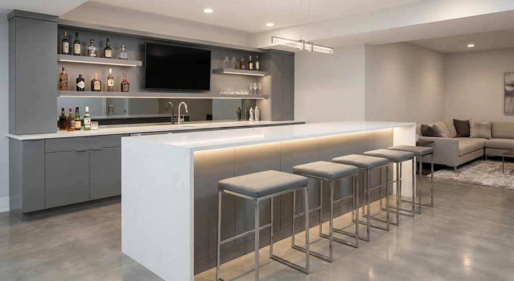Sleek modern basement bar with minimalist gray cabinetry, white waterfall island, LED accent lighting, bar stools, and open shelving with bottles and glassware.
