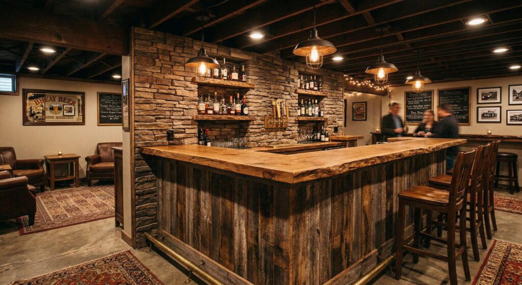 Rustic basement bar ideas featuring reclaimed wood bar, stone accent wall, warm pendant lighting, and cozy pub-style seating for a welcoming home bar atmosphere