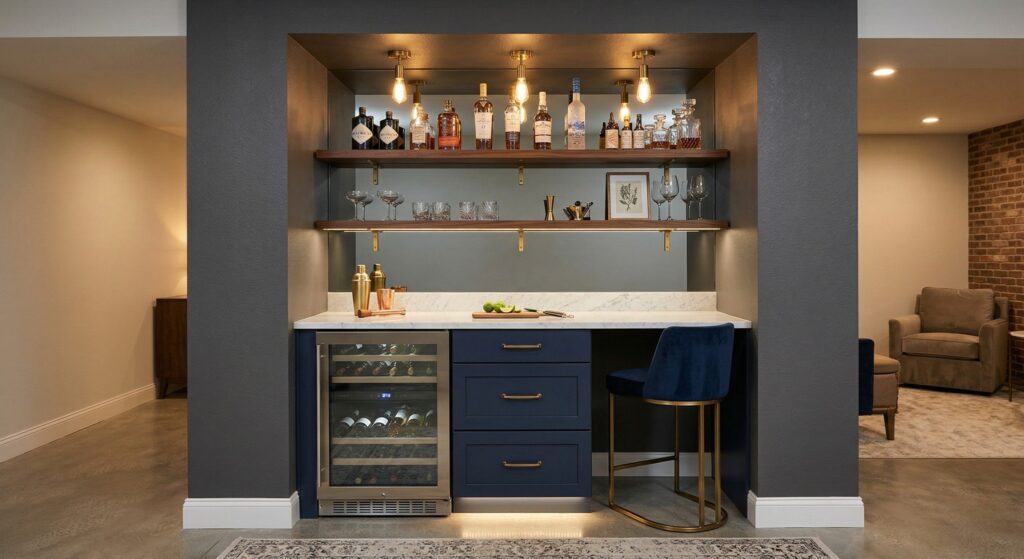 Compact basement bar with built-in shelving, wine fridge, marble countertop, and cozy seating nook for small spaces