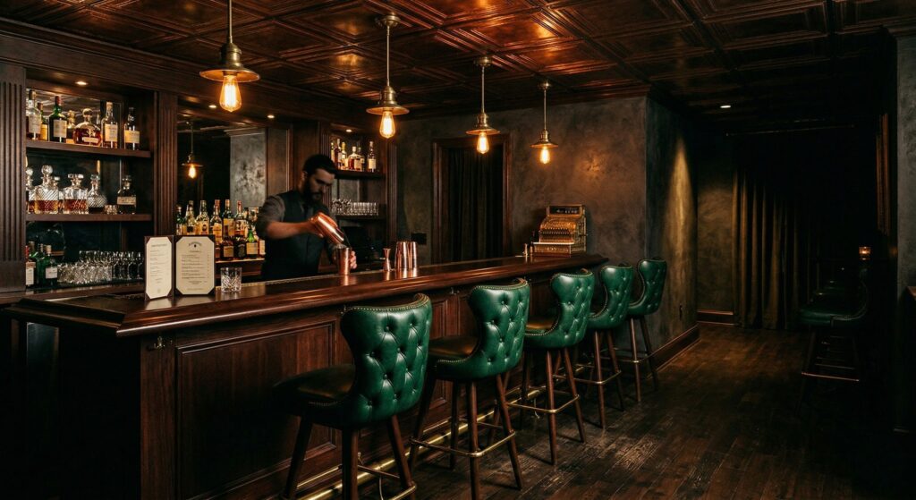 Speakeasy basement bar ideas featuring a vintage dark wood cocktail bar with green leather stools, warm lighting, and classic lounge atmosphere