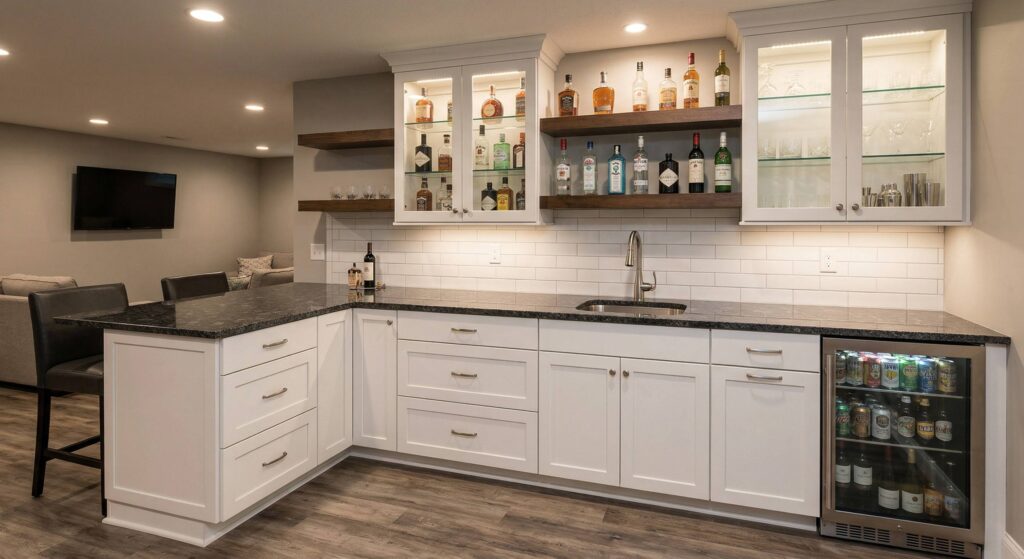 Modern basement wet bar with white cabinets, dark countertops, glass-front upper cabinets, open shelving, built-in beverage fridge, and bar seating area.