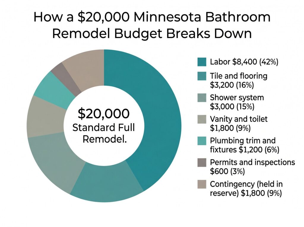 Visual budget breakdown showing how a 20000 dollar bathroom remodel budget is allocated across labor tile shower vanity permits and contingency in Minnesota