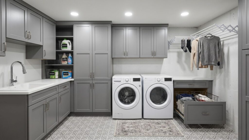 Organized basement laundry room with custom storage solutions and utility sink in Lakeville Minnesota