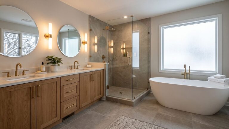 Completed primary suite bathroom remodel in Minneapolis Minnesota with radiant heated tile floor walk-in shower and double vanity showing bathroom remodeling minnesota results