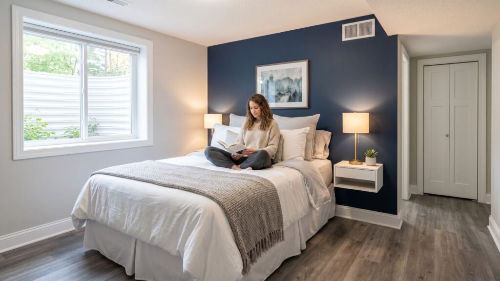 Finished Minneapolis basement guest bedroom with egress window and modern comfortable design