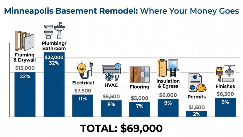 Minneapolis basement remodeling cost breakdown showing average expenses by category for typical project