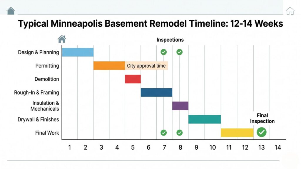 Minneapolis basement finishing timeline showing 12-14 week project schedule from permits to completion