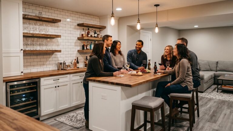 Minneapolis basement wet bar with homeowners entertaining guests in finished lower level space