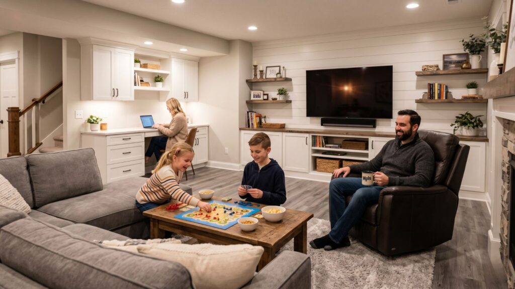 Minneapolis family enjoying finished basement with modern entertainment area and home office space