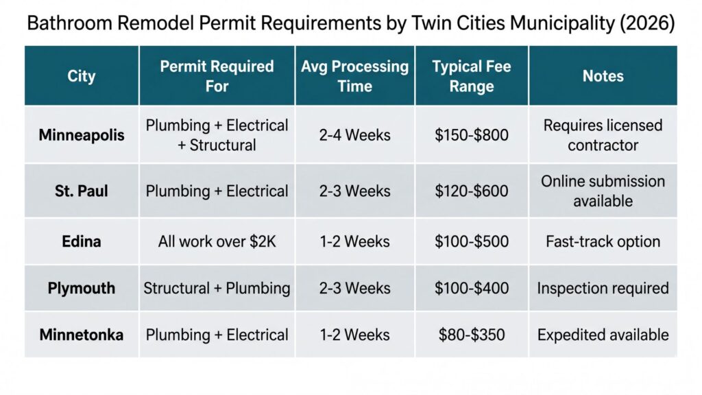 Infographic showing bathroom remodel permit requirements and processing times across Minneapolis St Paul Edina Plymouth and surrounding Minnesota municipalities