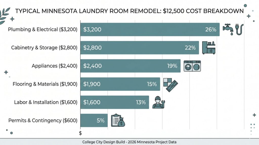 Cost breakdown chart showing plumbing electrical appliances and finishes for Minnesota laundry room remodels